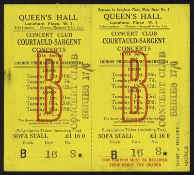 Biglietto per i concerti Courtauld-Sargent, Queens Hall, Langham Place, Londra, 1939-1940 da English School