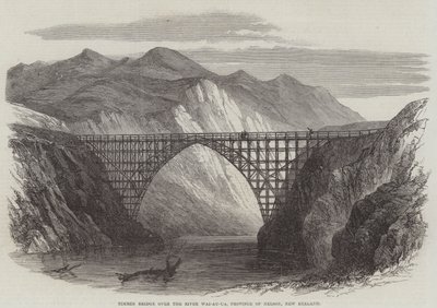 Ponte di legno sul fiume Wai-Au-Ua, provincia di Nelson, Nuova Zelanda (incisione) da English School