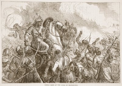 Tippoo Sahib alle linee di Travancore, illustrazione da Cassells Illustrated History of India di James Grant, pub. 1879 da English School