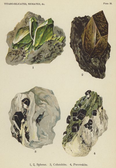 Titano-silicati, niobati, sfene, columbite, perovskite (litografia a colori) da English School