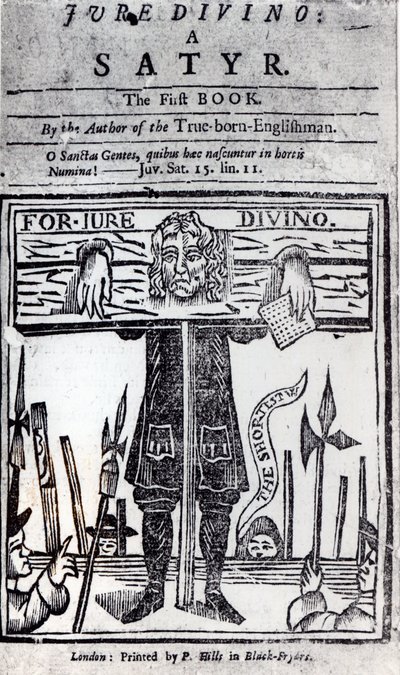 Pagina del titolo del primo libro di Jure Divino - Una satira di Daniel Defoe (1660-1731) pubblicata nel 1706 da English School