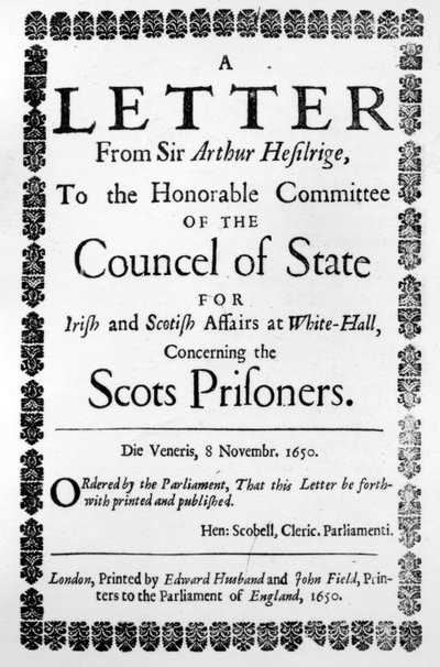 Pagina del titolo di A Letter from Sir Arthur Hesilrige Concerning the Scots Prisoners, di Sir Arthur Hesilrige, pubblicato 1650 da English School