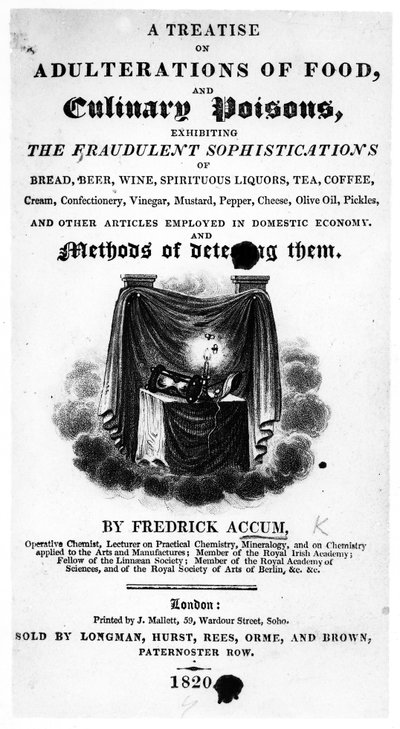 Pagina del titolo di A Treatise on Adulterations of Food and Culinary Poisons di Frederick Accum, pubblicato 1820 da English School