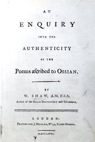 Pagina del titolo per An enquiry into the authenticity of the poems ascribed to Ossian di William Shaw, pubblicato nel 1781 da English School