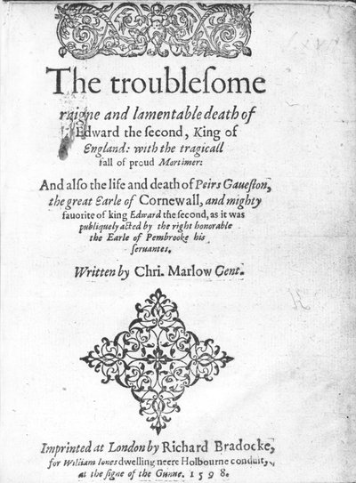 Pagina del titolo per Edward II di Christopher Marlowe, pubblicato nel 1598 da English School