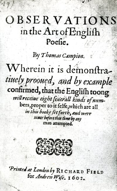 Pagina del titolo per Observations in the Art of English Poesie di Thomas Campion, pubblicato nel 1602 da English School