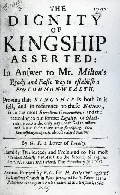Pagina del titolo per The Dignity of Kingship Asserted di G.S. a Lover of Loyalty, pubblicato nel 1660 da English School