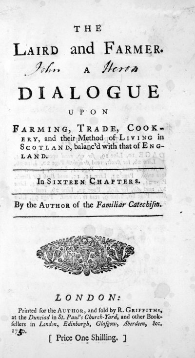 Pagina del titolo di The Laird and Farmer di the Author of the Familiar Catechism, pubblicato 1750 da English School