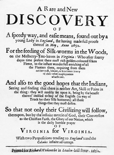 Pagina del titolo per The Reformed Virginian Silk-Worm di Samuel Hartlib, pubblicata nel 1652 da English School