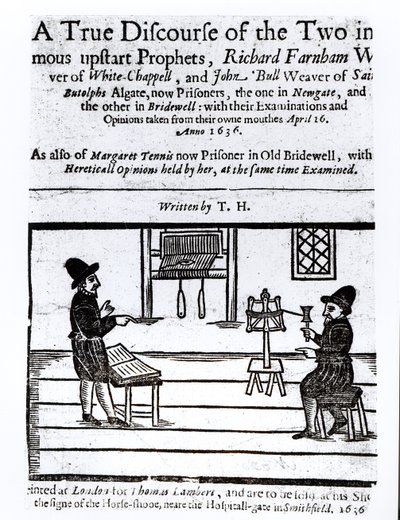 Pagina del titolo di A True Discourse of the Two Infamous Prophets, Richard Farnham, Weaver, of White-Chapel, and John Bull, Weaver, of Saint Botolphs, Algate by T.H 1636 da English School