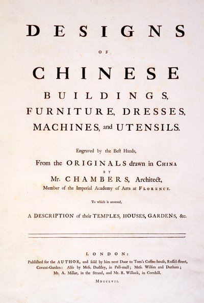 Pagina del titolo di Designs of Chinese Buildings, Furniture, Dresses, Machines & Utensils, 1757 da English School