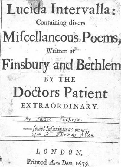Pagina del titolo di Lucida Intervalla di James Carkesse, pubblicato 1679 da English School