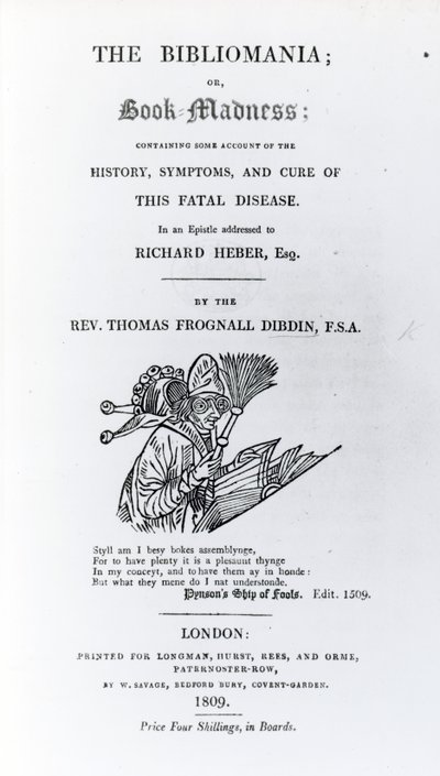 Pagina del titolo di The Bibliomania di Rev. Thomas Frognall Dibdin, pubblicato 1809 da English School