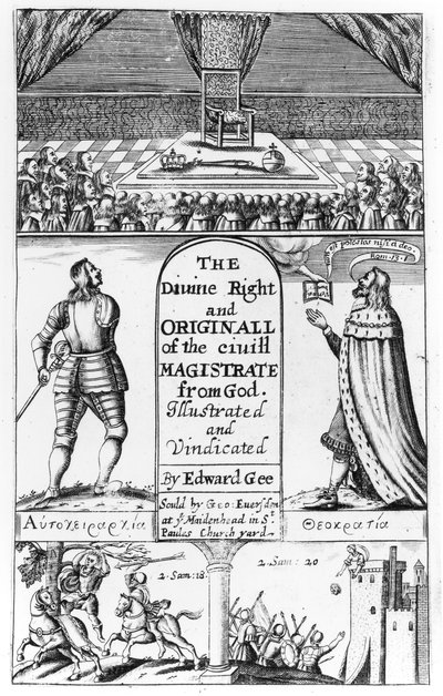 Pagina del titolo di The Divine Right and Original of the Civil Magistrate from God, inciso da Edward Gee, 1658 da English School