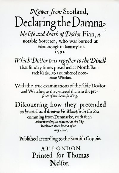 Pagina del titolo Newes from Scotland, Dichiarando la vita dannata e la morte del Dr Fian da English School