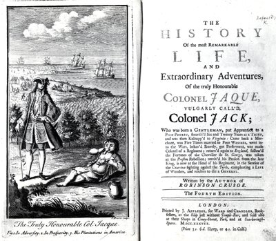 Pagina del titolo e frontespizio per La storia della vita più straordinaria e delle avventure straordinarie del veramente onorevole colonnello Jaque di Daniel Defoe, 1738 da English School