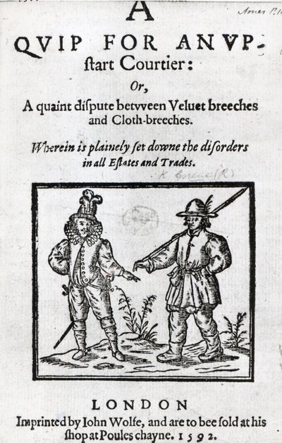 Pagina del titolo per A Quip for an Upstart Courtier di Robert Greene, 1592 da English School
