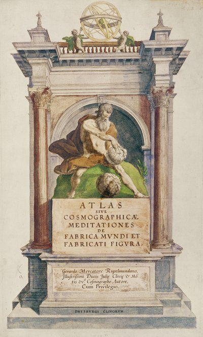 Pagina del titolo da Mercators Atlas sive Cosmographicae meditationes de fabrica mundi et fabricati figura, 1595 da English School