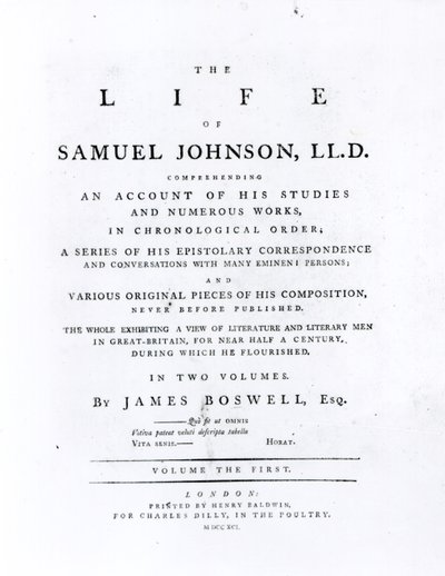 Pagina del titolo, da La vita di Samuel Johnson di James Boswell da English School