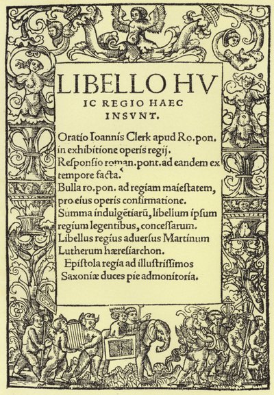 Pagina del titolo della Difesa della Fede Cattolica Romana di Enrico VIII da English School