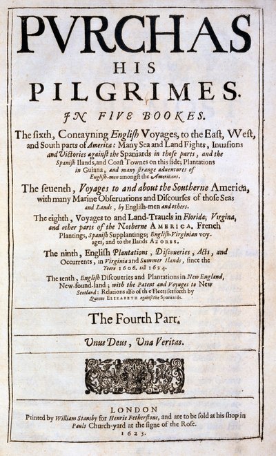 Pagina del titolo di Purchas his Pilgrimes di Samuel Purchas, pubblicato nel 1625 da English School