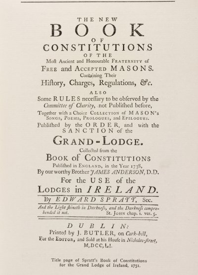 Pagina del titolo del Libro delle Costituzioni di Spratt per la Gran Loggia in Irlanda, 1751 da English School
