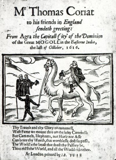 Pagina del titolo del resoconto postumo dei viaggi di Thomas Coryat in India, pubblicato a Londra, 1618 da English School