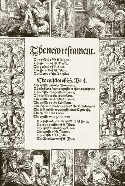 Pagina del titolo del Nuovo Testamento di William Tyndale, stampato negli anni 1530, da The National and Domestic History of England di William Hickman Smith Aubrey, pubblicato a Londra, c.1890 da English School