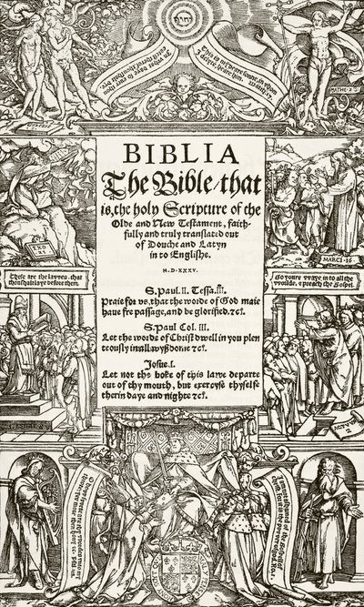 Pagina del titolo della Bibbia di Coverdale, stampata nel 1535, da The National and Domestic History of England di William Hickman Smith Aubrey, pubblicato a Londra, c.1890 da English School