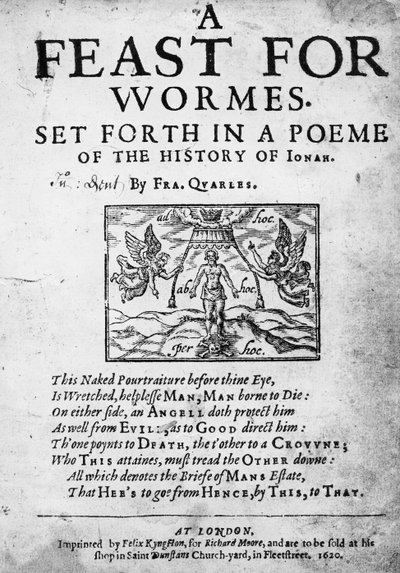 Frontespizio di A Feast for Worms, set forth in a Poem of the History of Jonah di Francis Quarles, 1620 da English School