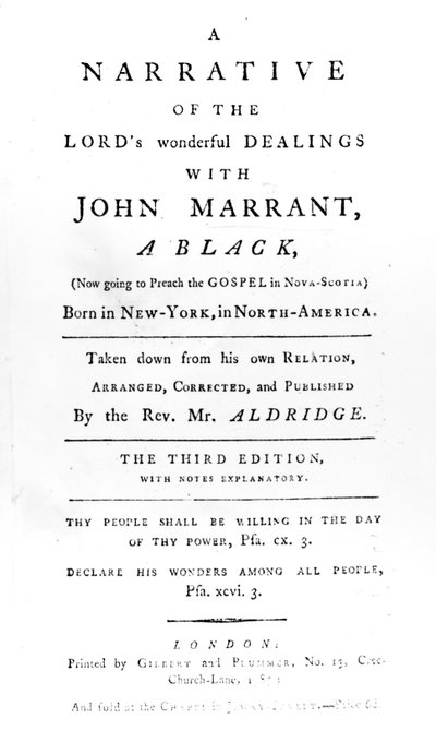 Pagina del titolo di Un racconto delle meravigliose azioni del Signore con John Marrant, un nero trascritto dal Rev. William Aldridge, 1785 da English School