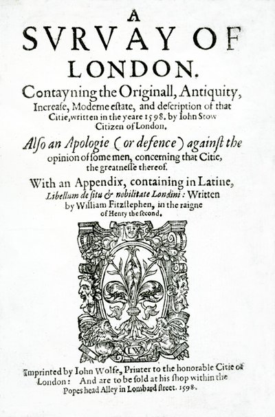 Pagina del titolo di A Survey of London di John Stow, pubblicato nel 1598 da English School