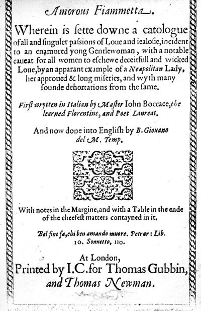 Pagina del titolo di Fiammetta amorosa di Giovanni Boccaccio, traduzione inglese pubblicata nel 1587 da English School