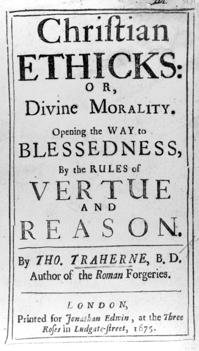 Pagina del titolo di Etica cristiana di Thomas Traherne, pubblicata nel 1675 da English School
