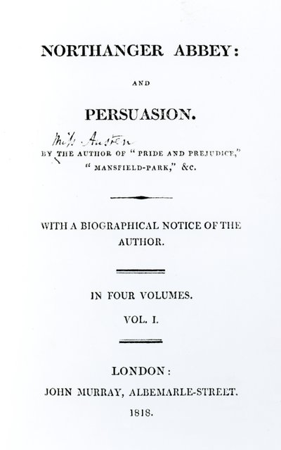Pagina del titolo di Northanger Abbey e Persuasion di Jane Austen, prima edizione, 1818 da English School