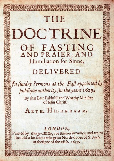 Pagina del titolo di The Doctrine of Fasting di Arthur Hildersam, 1633 da English School