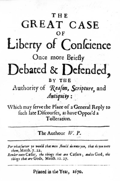 Pagina del titolo di The Great Case of Liberty of Conscience di William Penn, pubblicato nel 1670 da English School