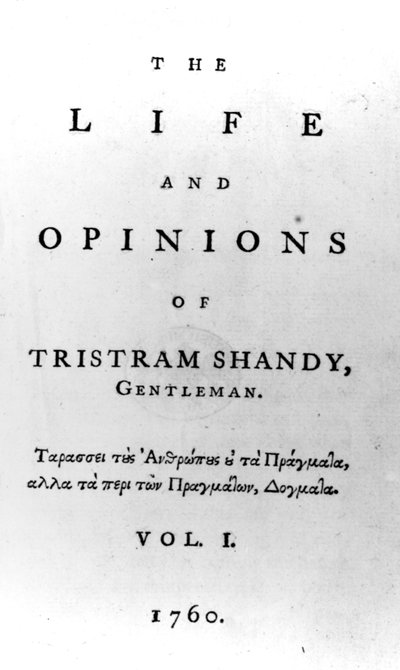 Pagina del titolo di La vita e le opinioni di Tristram Shandy, gentiluomo di Laurence Sterne, pubblicata nel 1760 da English School