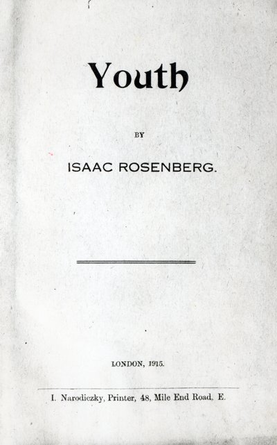 Pagina del titolo di Youth, una raccolta di poesie di Isaac Rosenberg, prima edizione 1915 da English School