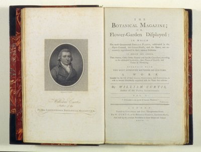 Pagina del titolo con ritratto di William Curtis (1749-99), da The Botanical Magazine or Flower-Garden Displayed, di William Curtis, pubblicato 1790 da English School