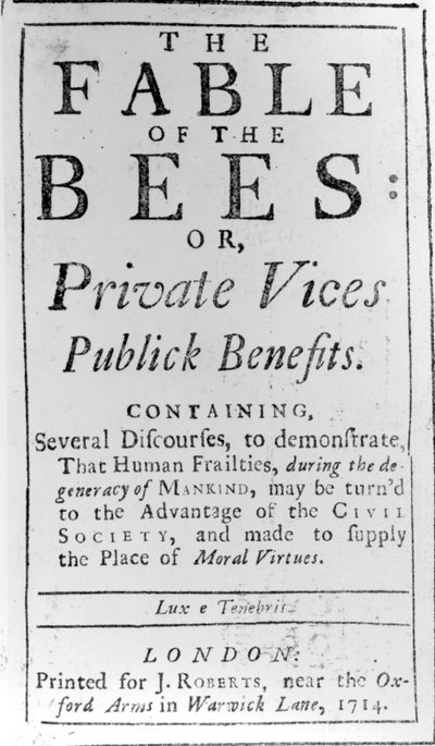 Pagina del titolo di The Fable of the Bees di Bernard de Mandeville, 1714 da English School