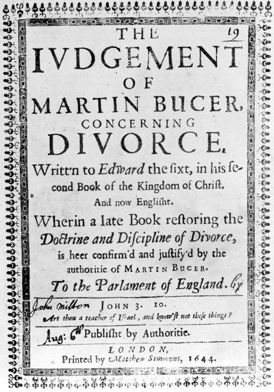 Pagina del titolo da Il giudizio di Martin Bucer sul divorzio di John Milton, pubblicato nel 1644 da English School