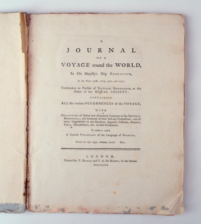 Frontespizio di Un Diario di un Viaggio Intorno al Mondo sulla Nave di Sua Maestà Endeavour negli Anni 1768, 1769, 1770 e 1771, pubblicato a Londra, 1771 da English School