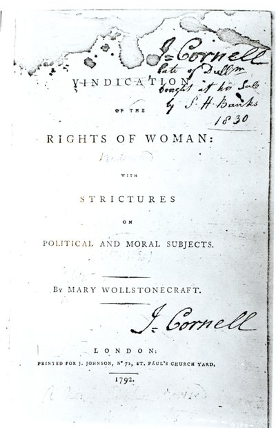 Pagina del titolo di Vindication of the Rights of Woman di Mary Wollstonecraft, pubblicato nel 1792 da English School
