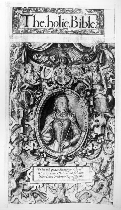 Pagina del titolo della Bibbia dei Vescovi, pub. nel 1568 da English School