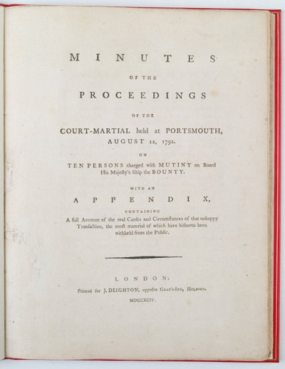 Frontespizio dei Verbali del processo della corte marziale tenutosi a Portsmouth, 12 agosto 1792, pubblicato a Londra, 1794 da English School