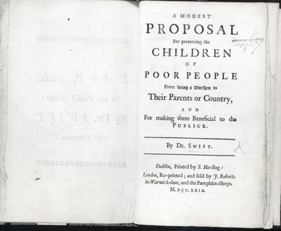 Pagina del titolo di Una modesta proposta di Jonathan Swift, pubblicata nel 1729 da English School