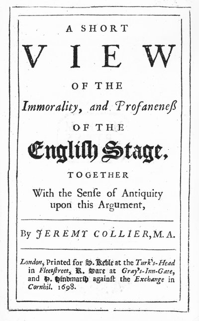 Pagina del titolo di A Short View of the Immorality and Profaneness of the English Stage di Jeremy Collier, 1698 da English School