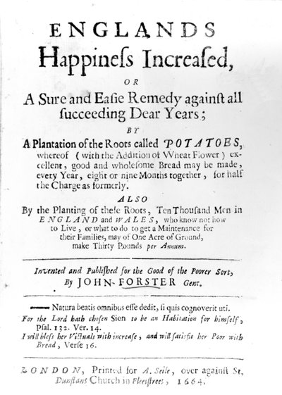 Pagina del titolo di Englands Happiness Increased di John Forster, pubblicato nel 1664 da English School