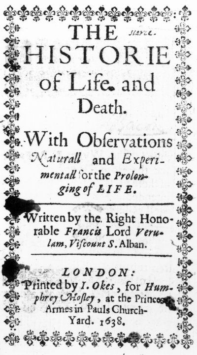 Frontespizio di La storia della vita e della morte di Francis Bacon, pubblicato nel 1638 da English School